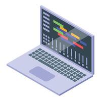 Laptop showing audio editing software interface with colorful bars and controls vector