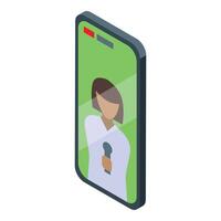 Journalist reporting live news holding microphone on smartphone screen with green background vector