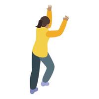 Woman climbing invisible wall using both hands vector