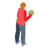 Boy playing with green ball, rear view isometric illustration vector