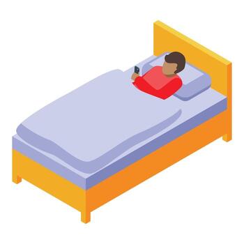 Boy using smartphone in bed, relaxing with mobile phone at home vector