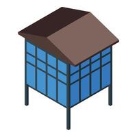 Modern bus stop with blue glass walls and brown roof in isometric view vector