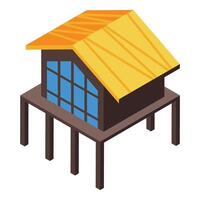 Tropical bungalow standing on stilts over water with large window and yellow roof vector