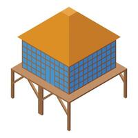 Isometric bungalow perched on wooden stilts, embracing tropical vibes vector