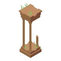 Broken ancient columns with growing grass isometric icon vector