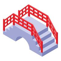 Red wooden asian bridge with steps leading upwards in isometric view vector