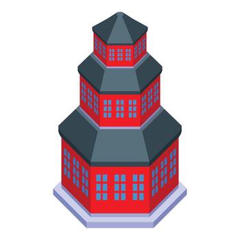 Red hexagonal building with three levels and dark gray roof in isometric view vector