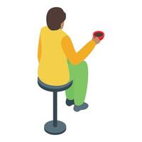 Man sitting on stool drinking coffee back view isometric icon vector