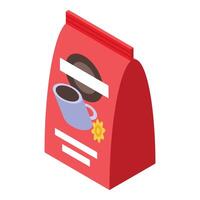 Red coffee packaging with cup and saucer icon displaying aromatic beverage vector