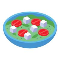 Greek salad with tomatoes, feta cheese, and green dressing in a blue bowl vector