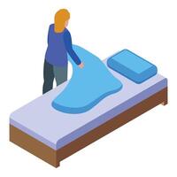 Hotel maid making the bed, changing linen and arranging pillows vector