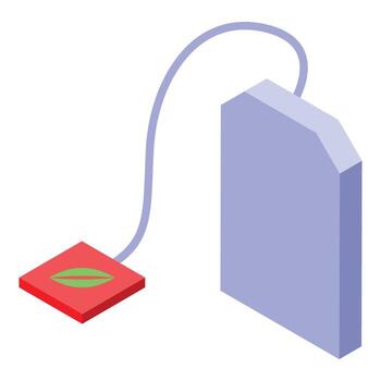Square tea bag label connected to empty rectangular violet tea bag with string in isometric view vector