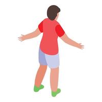Boy showing or explaining something with open arms from behind vector