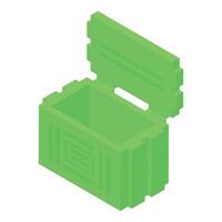 Open pixel art green chest revealing empty interior, isometric view vector