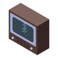 Broken vintage tv showing lightning bolt on screen, isometric view vector