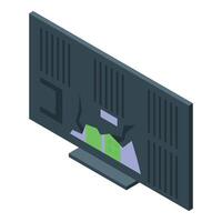 Broken tv set showing glitching green screen with static noise bars isometric view vector