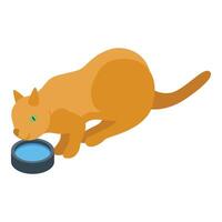 Ginger cat drinking fresh water from a bowl isometric view vector