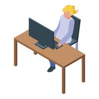 Office worker typing on keyboard at desk with desktop computer, isometric view vector