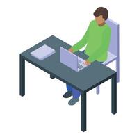 Programmer working on laptop at desk with documents typing code vector
