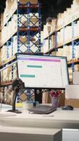 Vertical Empty large business supply room overseeing products import export from industrial racks and shelves, online shopping in the storage room. Depot facility with distribution activity. video