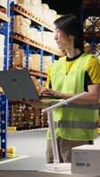 Vertical Distribution center staff managing package dispatch for a large brand, orders are processed quickly and efficiently ensuring express delivery of products packed with care. Warehouse depot. Camera A. video