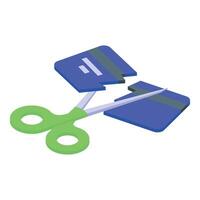 Scissors cutting credit card in half, symbolizing debt cancellation and financial freedom vector