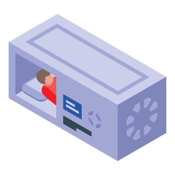 Man sleeping in futuristic cryogenic chamber pod, resting in space age technology vector