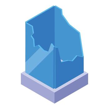 Broken glass panel standing on a base, showing cracks and shattered edges in isometric view vector