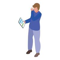 Trader making stop sign with hand while reading news on tablet vector