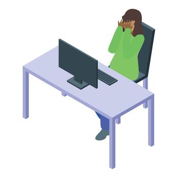 Stressed office worker covering face while sitting at desk with computer vector