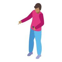 Young man holding smartphone and pointing finger away isometric icon vector