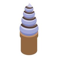 Blueberry soft serve ice cream with chocolate topping in a crispy cone isometric icon vector