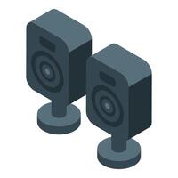 Two gray speakers standing on small round bases playing music vector