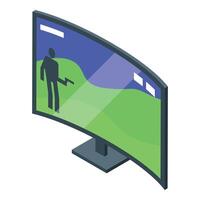 Curved gaming monitor displaying shooter game character holding gun vector