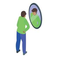 Young man looking at his reflection in mirror, self assessment and introspection vector