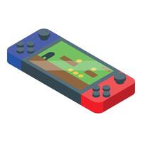 Portable gaming console displaying platformer game in isometric view vector