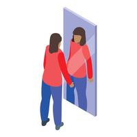 Woman looking at her reflection in a mirror, checking her look vector
