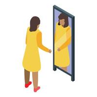 Woman looking at herself in mirror, reflecting on self image and identity vector