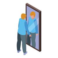 Young man looking at his reflection in mirror, narcissism and self confidence concept vector