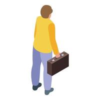 Office worker holding briefcase walking away back view isometric projection vector
