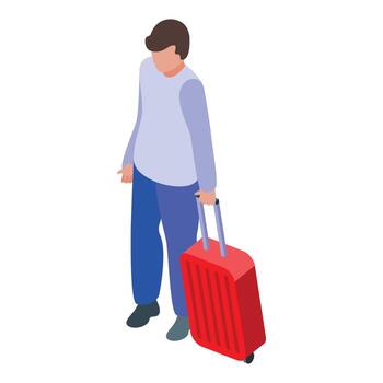 Tourist walking with red rolling suitcase, isometric view vector
