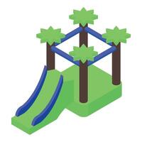 Inflatable green playground slide featuring palm trees and blue frame vector