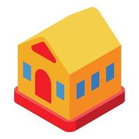 Inflatable bouncy house standing on red mat with yellow roof and red door vector