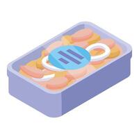 Plastic container holding sliced sausage and onions for retail sale vector