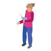 Schoolgirl holding open book and explaining lesson vector