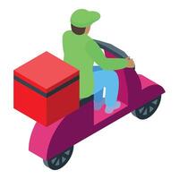 Delivery man riding scooter carrying red parcel box isometric view vector
