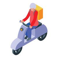 Delivery man riding scooter delivering parcel with yellow backpack isometric view vector
