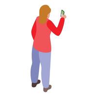 Woman holding smartphone taking photo isometric view vector