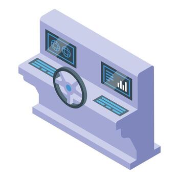 Ship control panel with steering wheel and digital displays showing navigation data vector