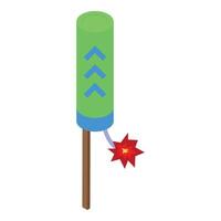 Green firework rocket with burning fuse on wooden stick, celebrating with fireworks vector